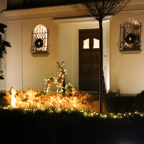 Rentier im erleuchteten Vorgarten.